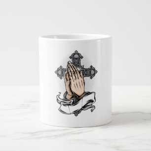 Grande Tasse Bannière de croix à mains jointes religieuse chrét