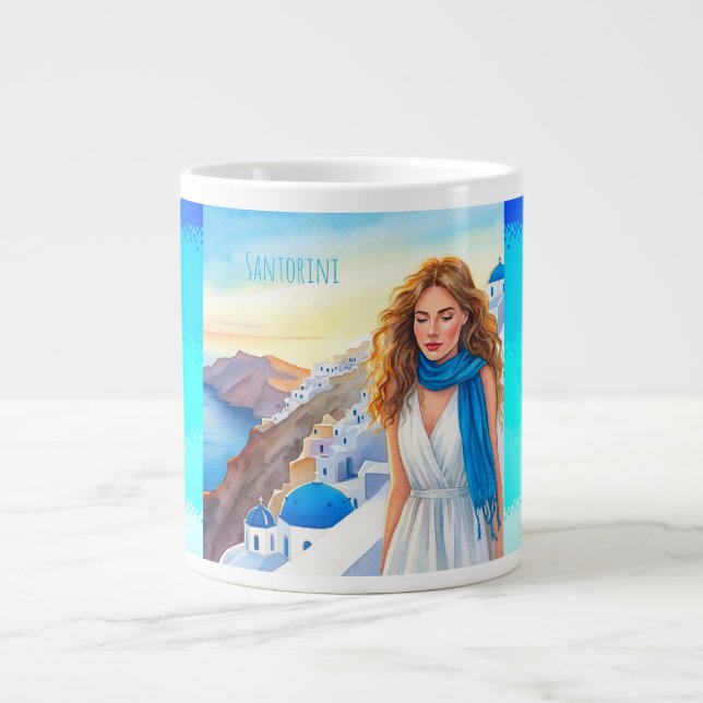 Grande Tasse Belle dame dans un Scraft bleu Profitant de Santor (Devant)