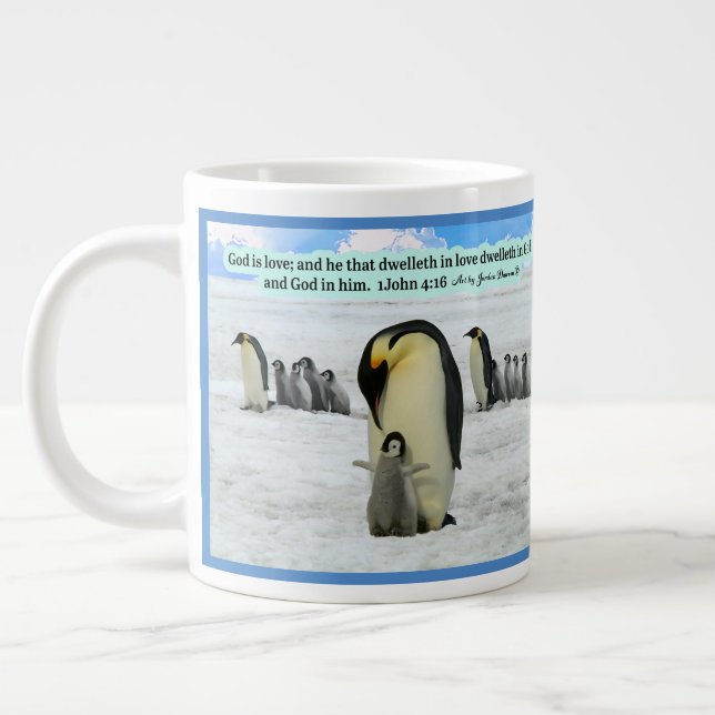 Grande Tasse Belle Écriture de pingouin 1 Jean 4:16 Coff géant (Gauche)