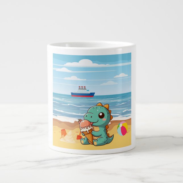 Grande Tasse Belle glace manger dino à la plage (Devant)