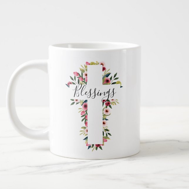 Grande Tasse Bénédiction Floral Aquarelle Croix religieuse (Gauche)