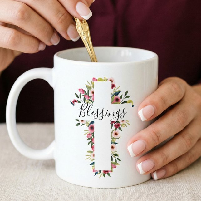 Grande Tasse Bénédiction Floral Aquarelle Croix religieuse (Blessings Floral Watercolor Religious Cross Giant Coffee Mug)