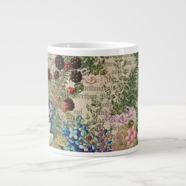 Grande Tasse Berries pourpres et Roses sur Ephemera de Newsprin (Devant)