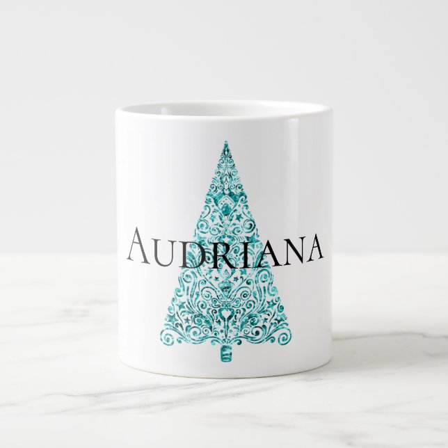 Grande Tasse Blanc Aqua Bleu sapin de Noël (Devant)