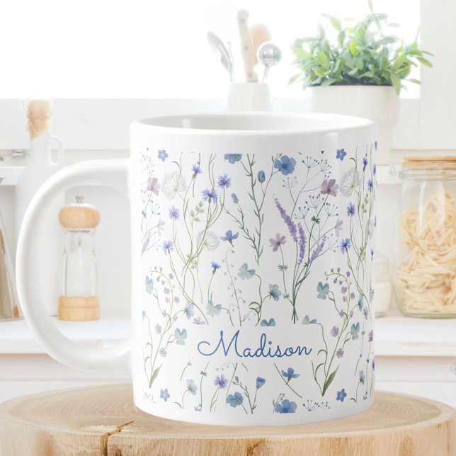 Grande Tasse Bleu pourpre joli Fleur sauvage motif floral (In situ)