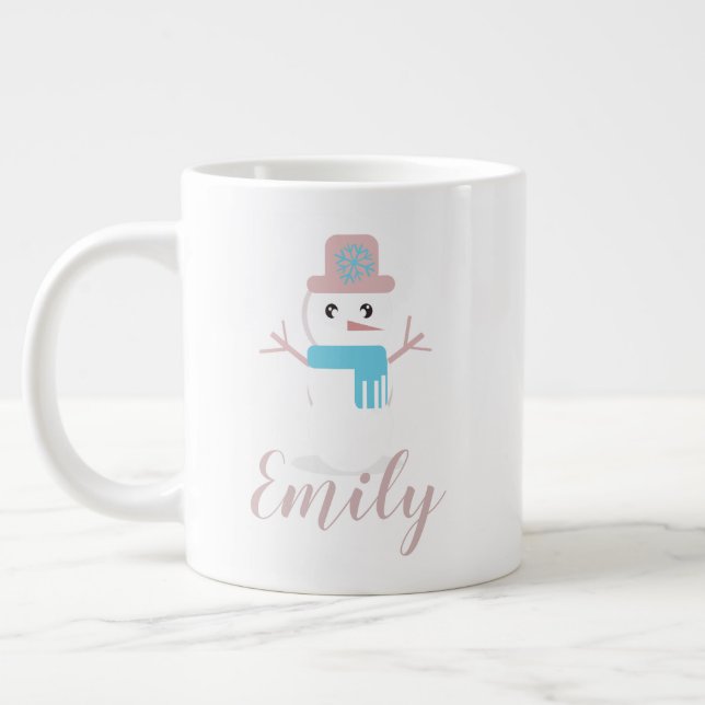 Grande Tasse Bonhomme de neige de Noël Rose pastel Nom  (Gauche)