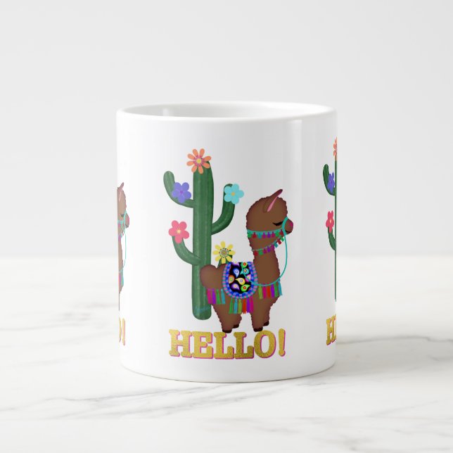 Grande Tasse Bonjour Llama ! | Llama Brown à visage mou (Devant)