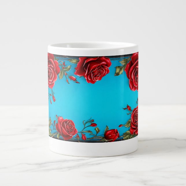 Grande Tasse Cadre de roses rouges avec Feuilles verts décorati (Devant)
