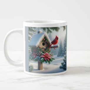 Grande Tasse Cardinal d'hiver sur une maison d'oiseaux festive