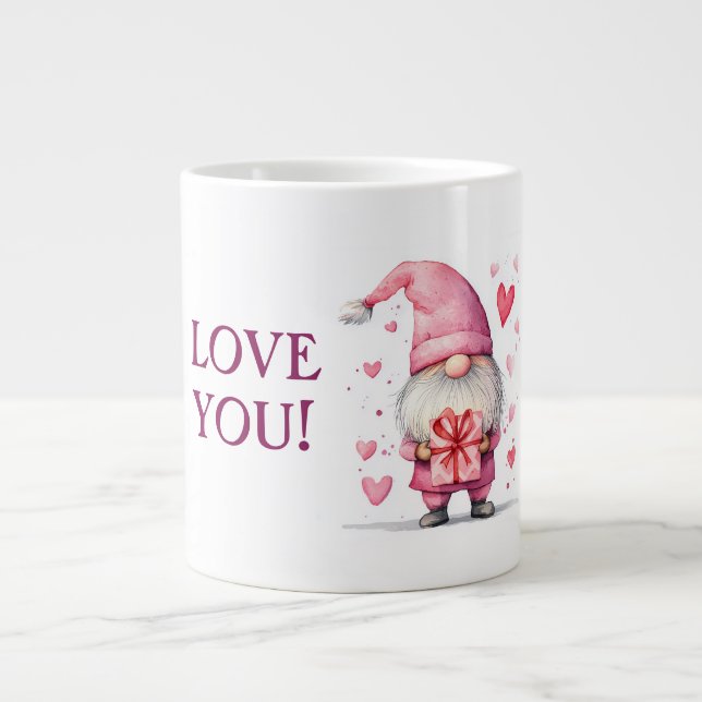 Grande Tasse carte mignonne avec dessin animé gnome rose en amo (Devant)