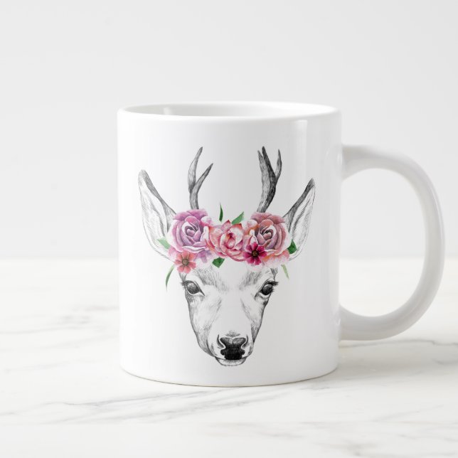 Grande Tasse Cerf à fleurs d'aquarelle (Droite)