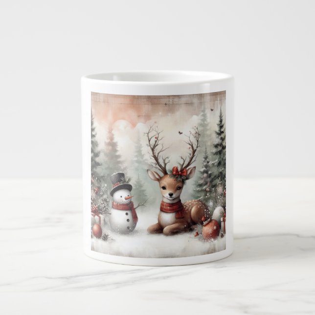 Grande Tasse Cerf de Noël/bonhomme de neige en bois classique (Devant)