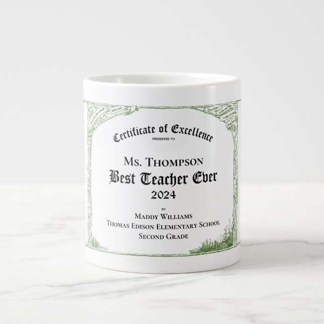 Grande Tasse Certificat d'excellence du meilleur enseignant (Devant)