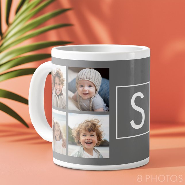 Grande Tasse Charbon Blanc 8 Photo Collage Personnalisé Monogra (Custom Photo Collage Mug)