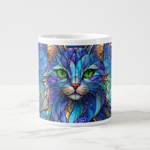 Grande Tasse Chat Cosmique Vitrail Surréaliste Yeux Bleus Verts