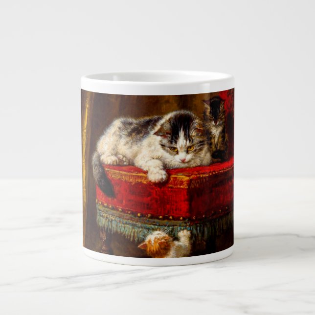 Grande Tasse Chat et chatons Jouer avec chaise (Devant)