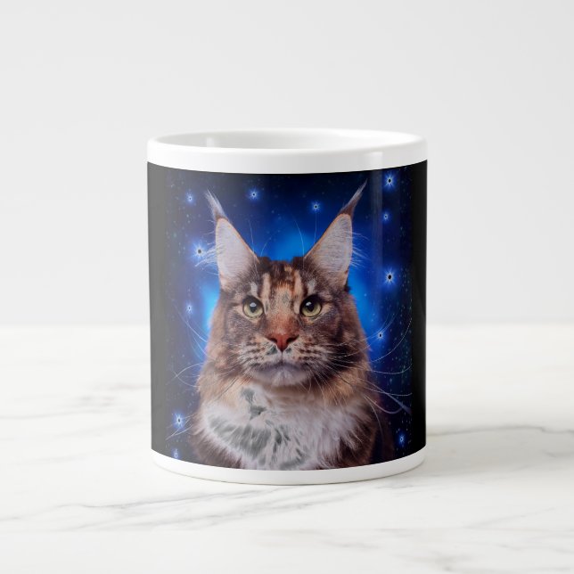 Grande Tasse Chat Maine Coon Fond Bleu Étoiles (Devant)