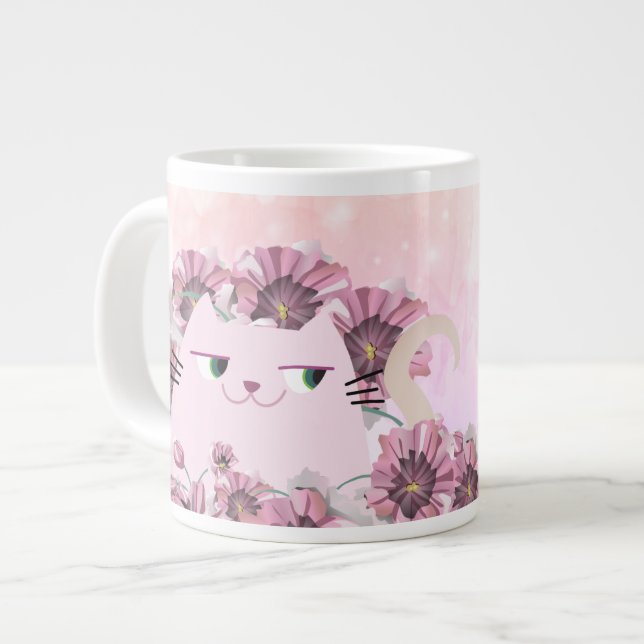 Grande Tasse Chat Mignon Fleurs Roses (Devant gauche)