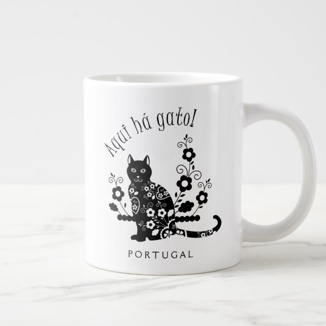 Grande Tasse Chat noir avec fleurs et expression portugaise (Droite)