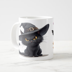Grande Tasse Chat noir portant un chapeau de sorcière avec magi
