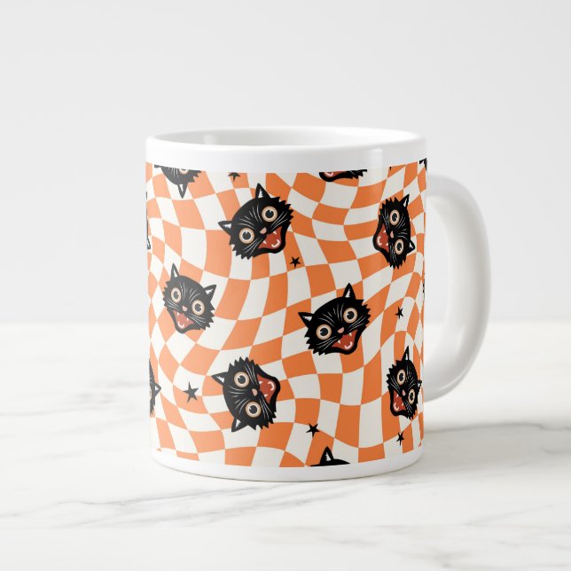 Grande Tasse Chat noir rétro Motif chèque orange (Devant droit)