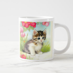 Grande Tasse Chaton vintage blanc et marron avec des fleurs