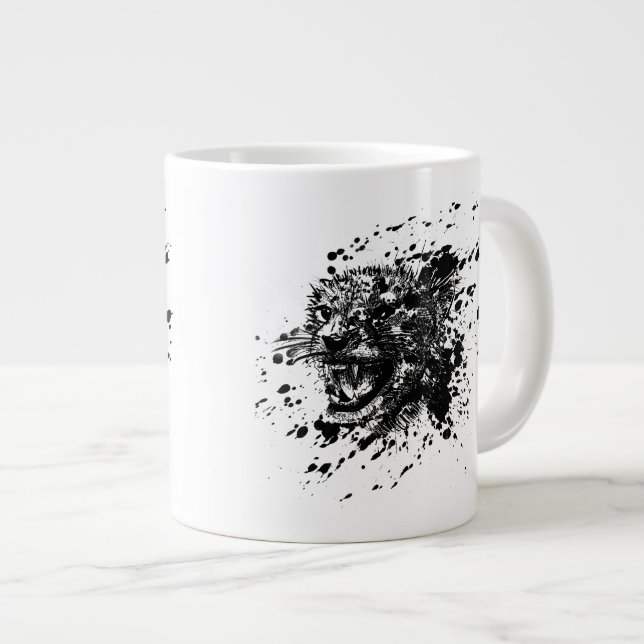 Grande Tasse Cheetah en colère en noir Splash Choisissez votre  (Devant droit)