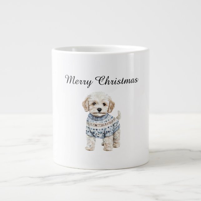 Grande Tasse Chien blanc en Sweat Bleu Noël (Devant)