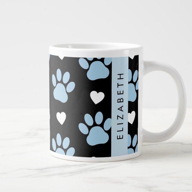 Grande Tasse Chien Paws, Blue Paws, White Hearts, Votre Nom (Droite)