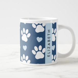 Grande Tasse Chien Paws, White Paws, Blue Hearts, Votre Nom