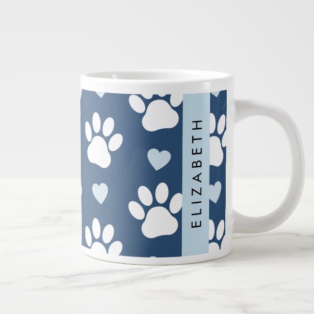 Grande Tasse Chien Paws, White Paws, Blue Hearts, Votre Nom (Droite)
