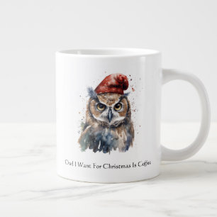 Grande Tasse Chouette de Noël à l'aquarelle personnalisée avec