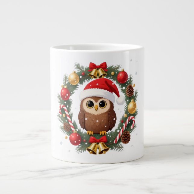 Grande Tasse Chouette de Noël dans une couronne festive (Devant)