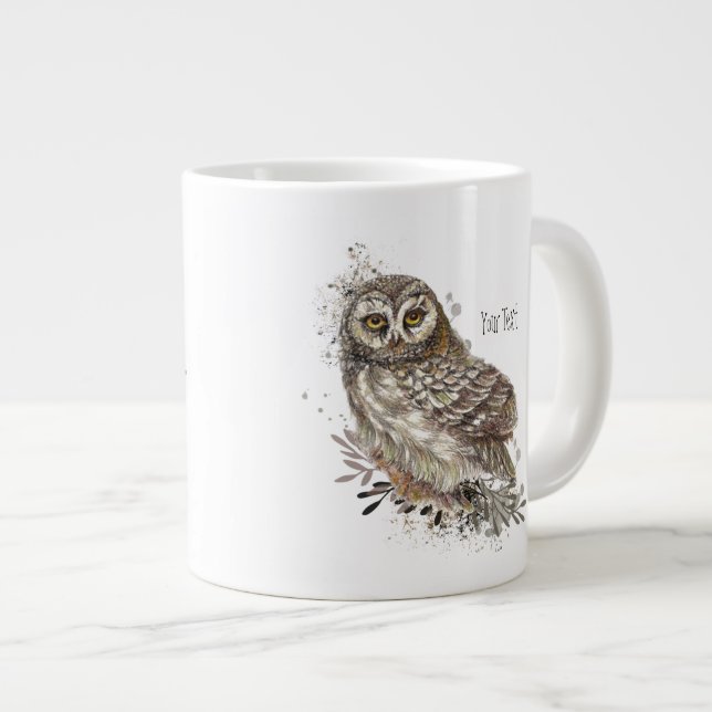 Grande Tasse Chouette mignonne, Aquarelle Oiseau Nature Texte p (Devant droit)