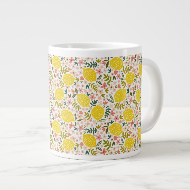 Grande Tasse Citrons jaunes mignons Floral rose moderne (Devant droit)