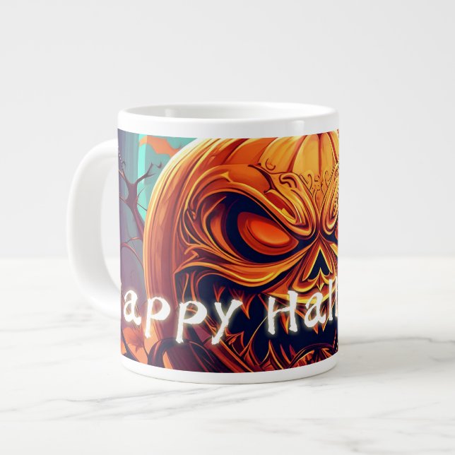 Grande Tasse Citrouille orange effrayant avec visage, Halloween (Devant gauche)