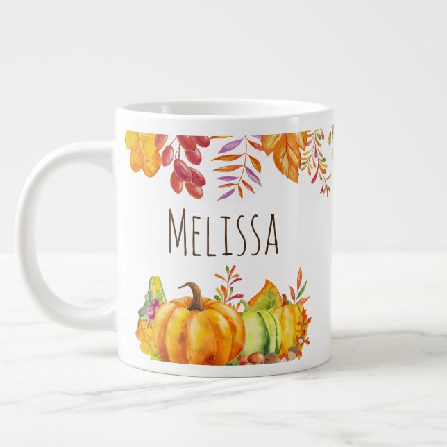 Grande Tasse Citrouilles de récolte et feuilles d'automne front (Gauche)
