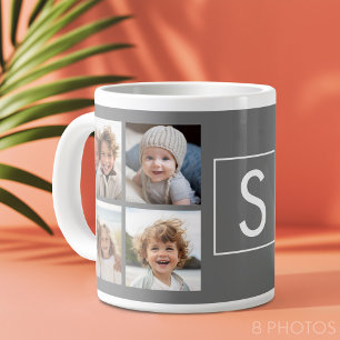 Grande Tasse Collage photo personnalisé Monogramme Charbon Blan
