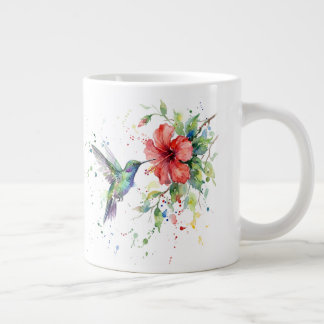 Grande Tasse Colorful Hummingbird Watercolor Floral Nature Art