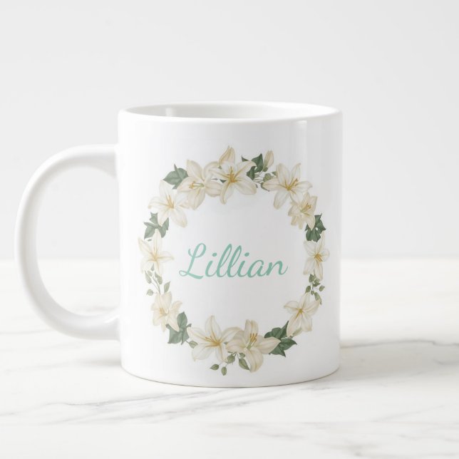 Grande Tasse Conception élégante de lys botanique à monogramme  (Gauche)