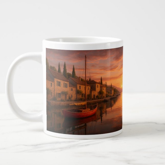 Grande Tasse Coucher De Soleil Doré Sur Le Village Côtier (Gauche)