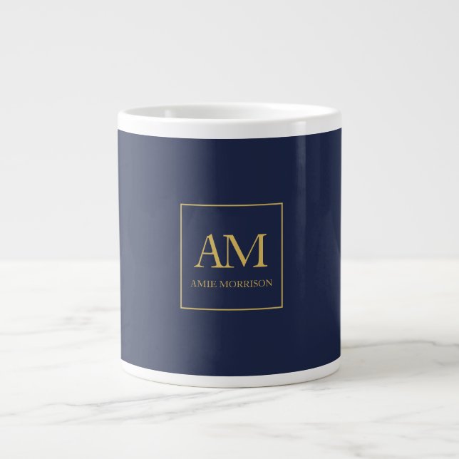 Grande Tasse Couleurs d'or bleu Monogramme Lettres initiales No (Devant)