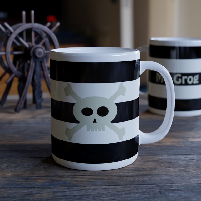 Grande Tasse Crâne et os croisés Pirate Black Stripes drôle (Let's set sail to caffeinated bliss!)