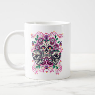 Grande Tasse Crâne floral, squelette aquarelle rose, Halloween