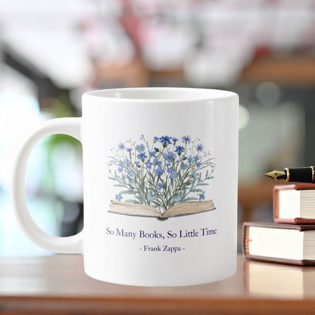 Grande Tasse Custom Quote Blue Flowers Grow From Book (In situ)