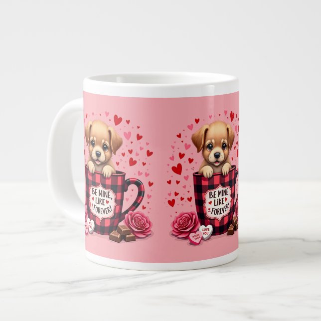 Grande Tasse Cute Chiot Valentine Buffalo Plaid (Devant gauche)