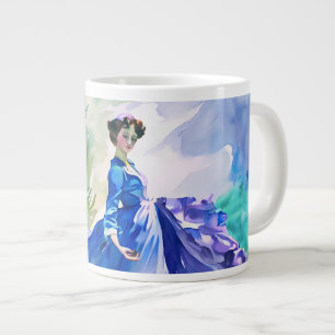 Grande Tasse Dame en Robe Bleue - Peinture aquarelle