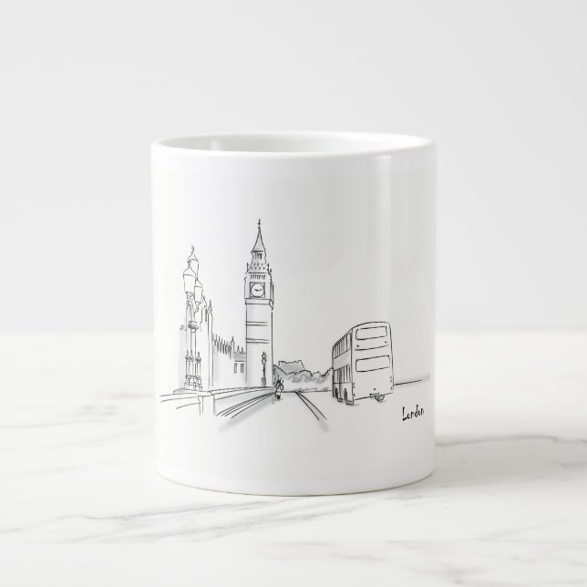 Grande Tasse Dessin simple de Londres en noir et blanc (Devant)