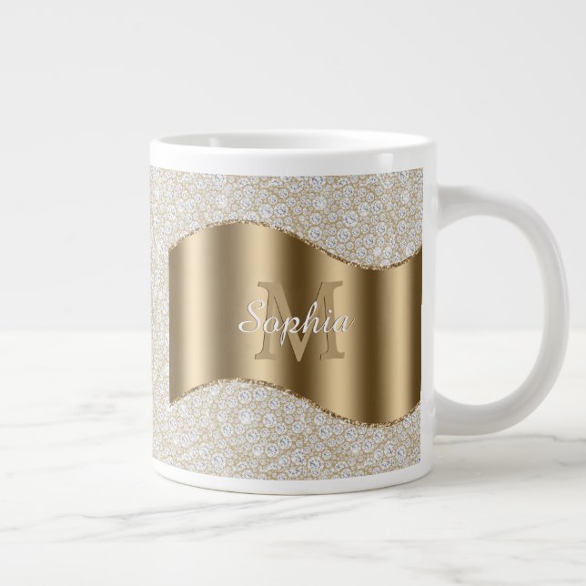 Grande Tasse Diamants, Grand Monogramme Or Nom du script blanc (Droite)