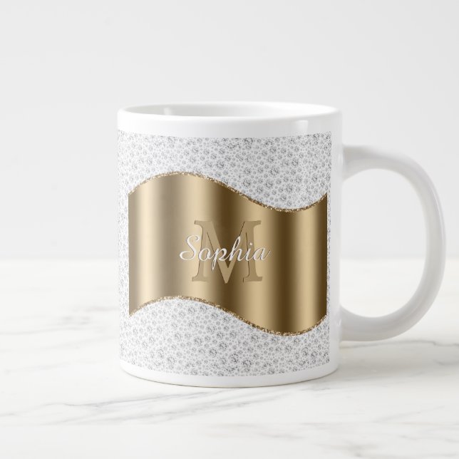 Grande Tasse Diamants, Grand Monogramme Or Nom Script Blanc #2 (Droite)